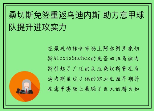 桑切斯免签重返乌迪内斯 助力意甲球队提升进攻实力
