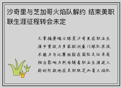 沙奇里与芝加哥火焰队解约 结束美职联生涯征程转会未定